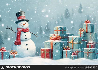 Christmas gift boxes on snow with snowman. Generative AI