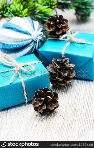 Christmas gifts and decorations. Boxes with gifts for Christmas and Christmas toy
