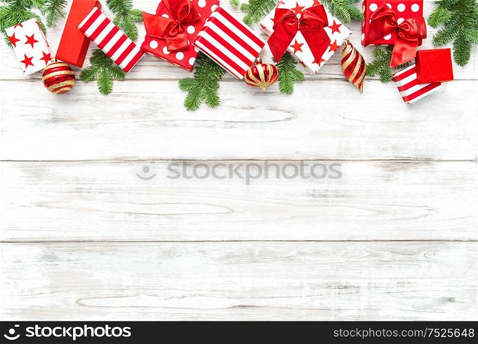 Christmas gifts, decorations, ornaments. Winter holidays banner