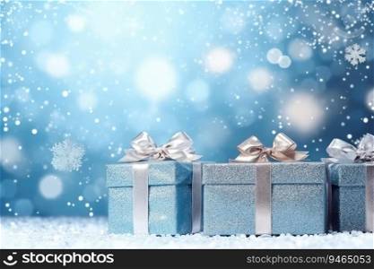 Christmas gifts in falling snow. Generative AI
