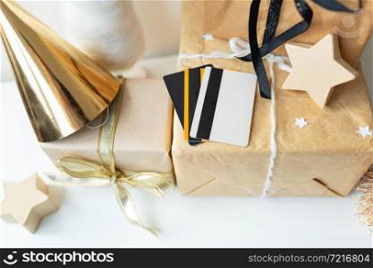 Christmas, gifts, online shopping concept, easy payment at home by credit card. Christmas, gifts, online shopping concept, easy payment at home by credit card.