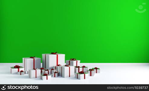 Christmas Gifts with Empty Copyspace on Green Background. Christmas Gifts