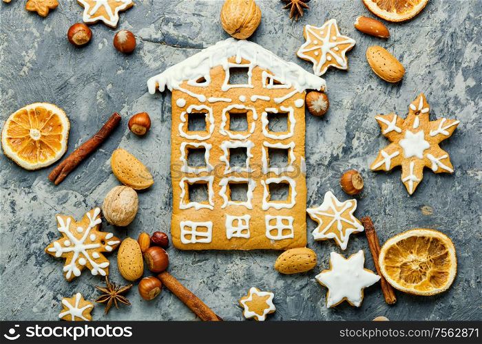 Christmas gingerbread cookie in the form of a house.Christmas holiday. Homemade christmas gingerbread house