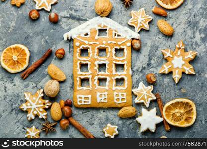Christmas gingerbread cookie in the form of a house.Christmas holiday. Homemade christmas gingerbread house