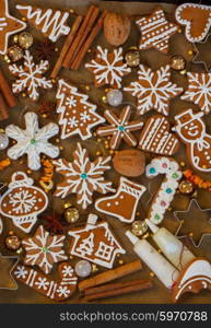 christmas gingerbread cookies. christmas gingerbread cookies background with spices and decorations