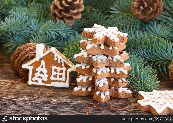 christmas gingerbread cookies. christmas gingerbread cookies with fir tree branches