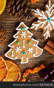 christmas gingerbread cookies. christmas gingerbread cookies with spices and decorations close up
