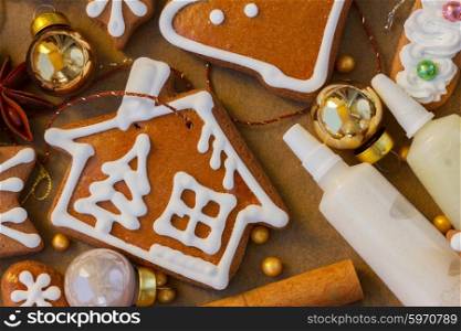 christmas gingerbread cookies with spices, frost and decorations