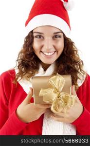 Christmas girl grabbing a present over white