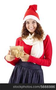 Christmas girl grabbing a present over white