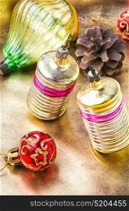 Christmas glass vintage baubles. Vintage glass Christmas baubles on a bright copper retro background