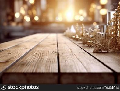 Christmas golden decorations on empty table and bokeh background.AI Generative