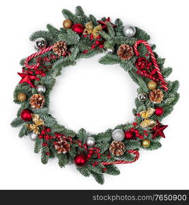 Christmas green fir tree wreath and decoration isolated on white background. Christmas fir wreath isolated