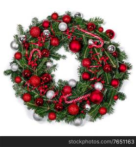 Christmas green fir tree wreath and decoration isolated on white background. Christmas fir wreath isolated