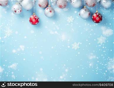 Christmas greeting card. Festive decoration on blue background. New Year concept. Copy space. Flat lay. Top view.
