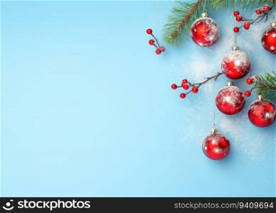 Christmas greeting card. Festive decoration on blue wooden background. New Year concept. Copy space. Flat lay. Top view.