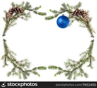 christmas greeting card frame - fir tree branches with cones and blue ball on white background
