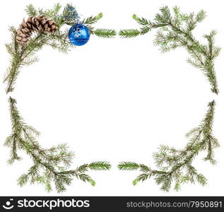 christmas greeting card frame - spruce tree branches with cones and blue ball on white background