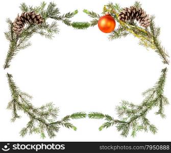 christmas greeting card frame - spruce tree branches with cones and orange ball on white background