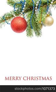 Christmas greeting card. Isolated tree with balls and ornament on white background and copy space