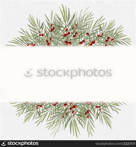 Christmas greeting card, Watercolour digital hand paint Branch of juniper with red berries on border with copy space, Illustration Happy New year banner with fir branches and holly berries on frame