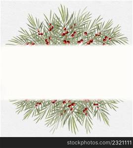 Christmas greeting card, Watercolour digital hand paint Branch of juniper with red berries on border with copy space, Illustration Happy New year banner with fir branches and holly berries on frame