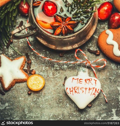 Christmas greeting card with mulled wine, cookies and decoration, top view