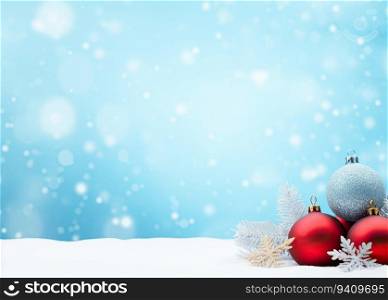Christmas greeting card with snow and baubles on bokeh background