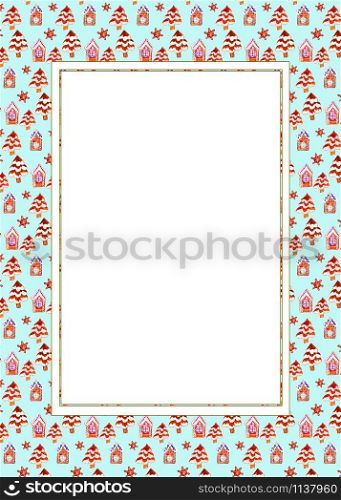 Christmas greetings with watercolor gingerbread cookies village pattern, design template.