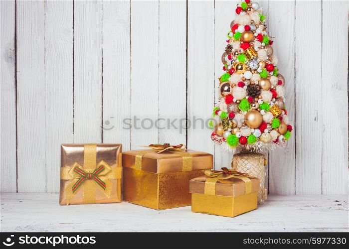 Christmas handmade decorations on the table and craft box. Christmas decorations on the table