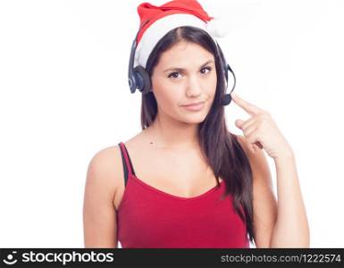 Christmas headset woman from telemarketing call center wearing red santa hat talking smiling isolated on white background.