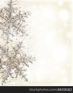 Christmas holiday background with big beautiful snowflake, Christmas tree ornament and decoration, beige card made of abstract blur bokeh magic lights, winter pattern, decorative border design