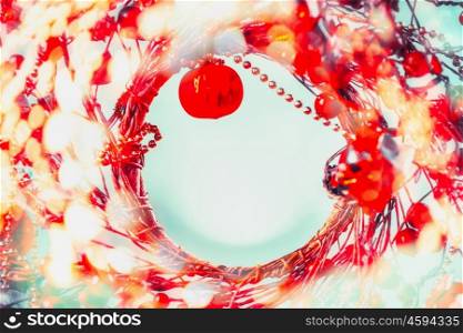 Christmas holiday background with bokeh and festive lighting, frame
