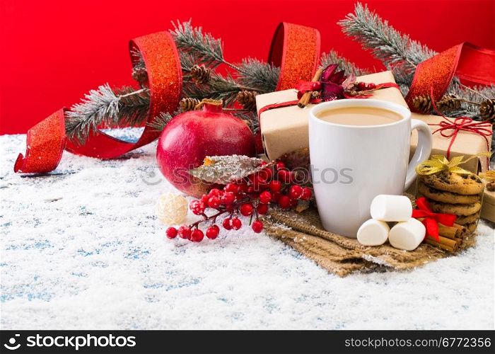 Christmas holiday background with coffee cup