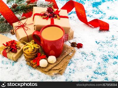 Christmas holiday background with coffee cup