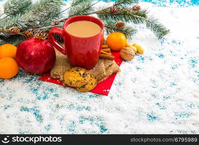 Christmas holiday background with coffee cup