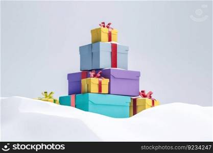 Christmas holiday box with a ribbon in a snowdrift, white background, isolate. Header banner mockup with copy space. AI generated.. Christmas holiday box with a ribbon in a snowdrift, white background, isolate. AI generated.