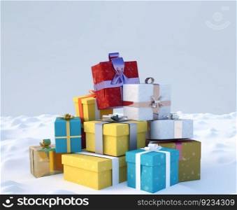 Christmas holiday box with a ribbon in a snowdrift, white background, isolate. Header banner mockup with copy space. AI generated.. Christmas holiday box with a ribbon in a snowdrift, white background, isolate. AI generated.