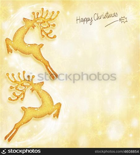 Christmas holiday card, golden background, reindeer decorative border, traditional tree ornament, abstract shiny glowing lights,winter holidays celebration