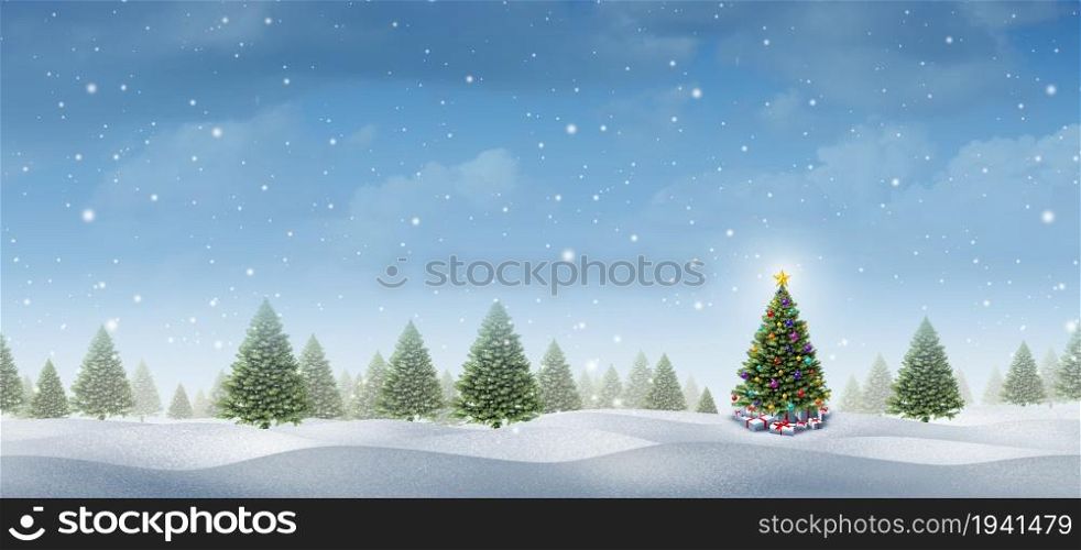 Christmas Holiday celebration background with a pine forest and winter evergreen trees with for festive holidays decorated tree with 3D illustration elements.