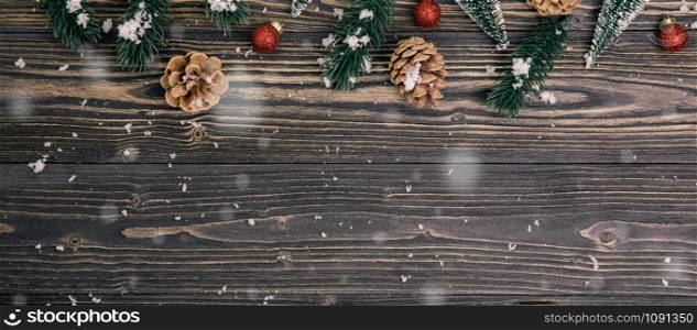 Christmas holiday composition decoration on wooden background, new year and xmas or anniversary with presents on wood table in season, top view or flat lay, banner website.