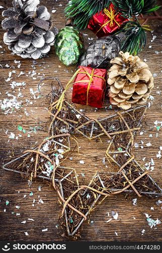 Christmas holiday decorations. Christmas decorations and gifts on a background of pine branches