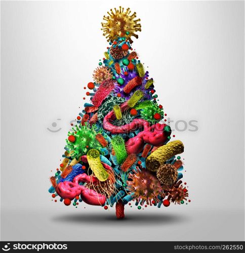 Christmas holiday flu season and winter illness medical health concept as a festive seasonal tree made og bacteria and virus disease pathogen cells as a medicine concept for fallig sick during the New Year as a 3D illustration.