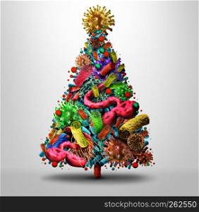 Christmas holiday flu season and winter illness medical health concept as a festive seasonal tree made og bacteria and virus disease pathogen cells as a medicine concept for fallig sick during the New Year as a 3D illustration.