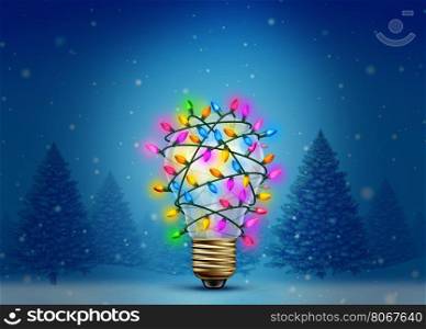 Christmas holiday inspiration as a winter forest background with a lightbulb decorated with bright glowing lights as a creative celebration idea for the new year festive time as a 3D illustration.