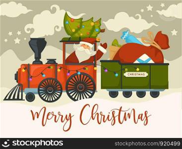 Christmas holiday preparation Santa Claus with evergreen tree riding old locomotive vector winter character driving steam train holding decorated fir spruce snowfall and cold weather outside.. Christmas holiday preparation Santa Claus with evergreen tree riding old locomotive vector winter character