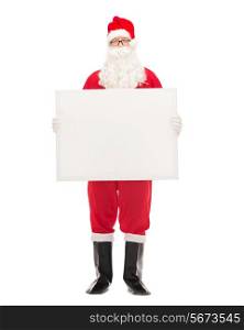 christmas, holidays, advertisement and people concept - man in costume of santa claus with white blank billboard