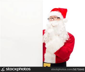 christmas, holidays, advertisement and people concept - man in costume of santa claus with white blank billboard making hust gesture
