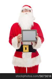 christmas, holidays, advertisement, technology and people concept - man in costume of santa claus with tablet pc computer showing blank screen