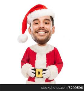 christmas, holidays and people concept - happy smiling young man in santa claus costume over white background (funny cartoon style character with big head). smiling man in santa claus costume